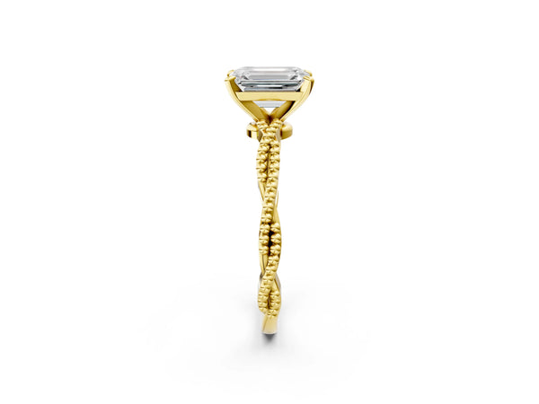 Yellow Gold Emerald Cut Solitaire Engagement Ring Setting with Beaded Twist Band and Basket Head