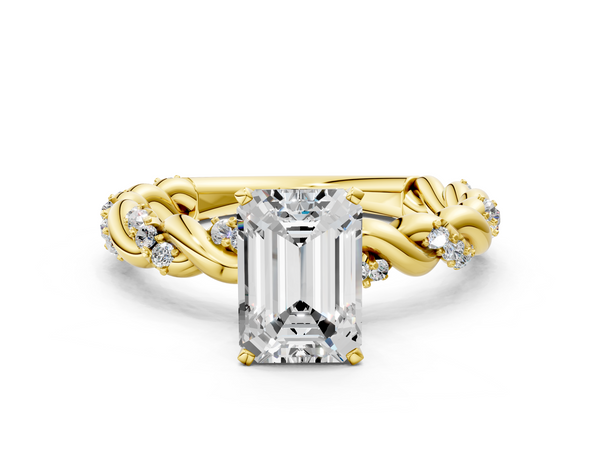Yellow gold Emerald Cut Diamond Solitaire Ring with Twisted Band and Pavé Accents