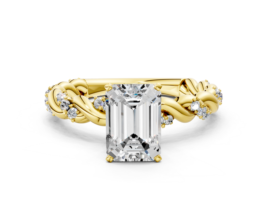 Yellow gold Emerald Cut Diamond Solitaire Ring with Twisted Band and Pavé Accents