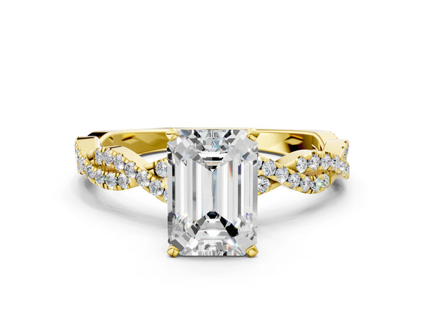 Yellow gold Emerald Solitaire Twisted Pave Band with Four-Prong Setting