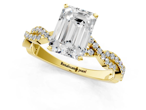 Yellow gold Emerald Solitaire Twisted Pave Band with Four-Prong Setting