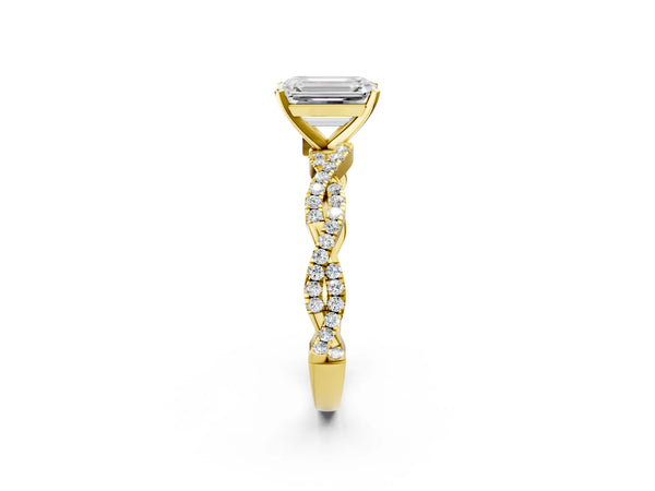Yellow gold Emerald Solitaire Twisted Pave Band with Four-Prong Setting