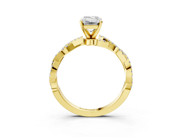 Yellow gold Emerald Solitaire Twisted Pave Band with Four-Prong Setting