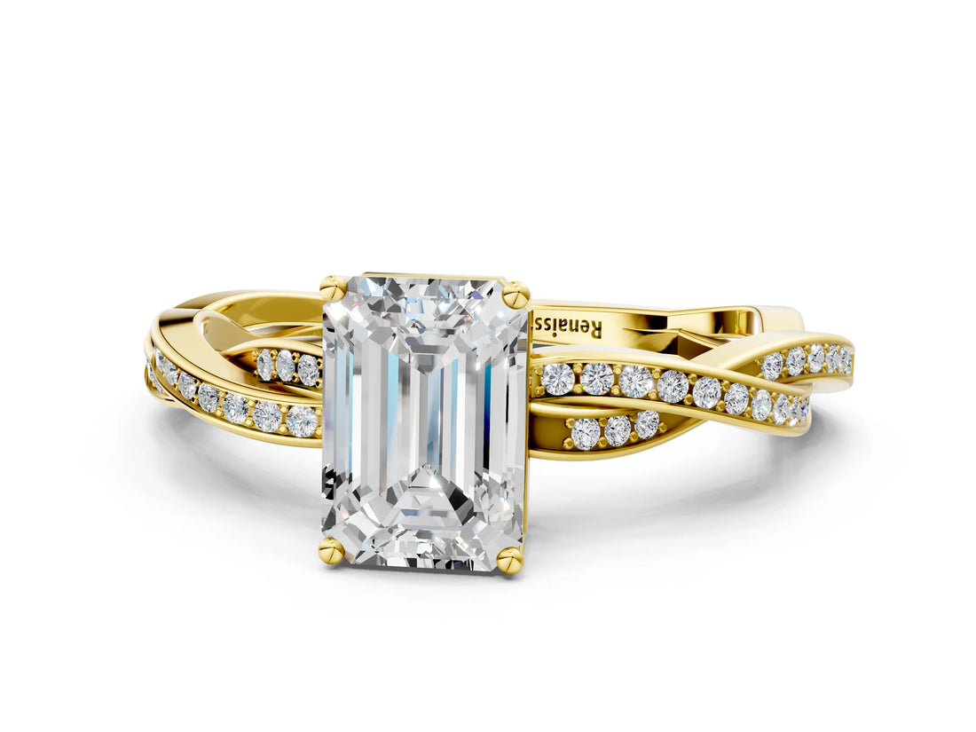 Yellow gold Emerald Solitaire Twisted Pave Diamond Ring with Four-Prong Setting_81
