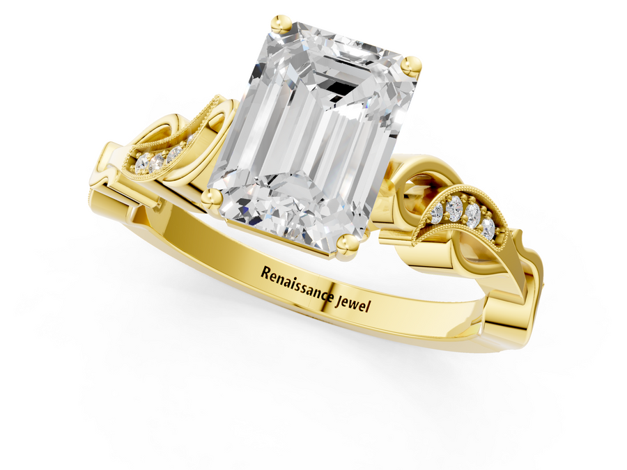 Yellow gold Emerald Solitaire Vine Band with Milgrain Prong Setting