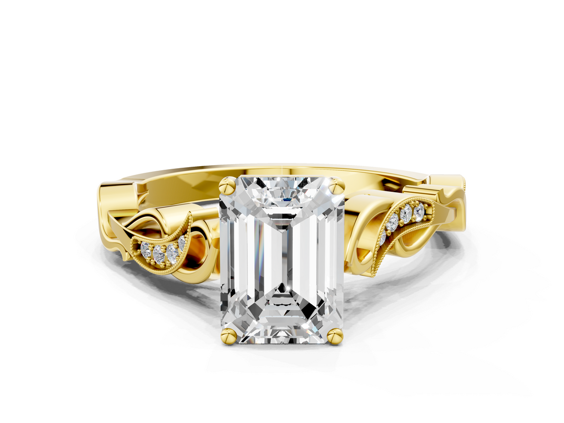 Yellow gold Emerald Solitaire Vine Band with Milgrain Prong Setting_9