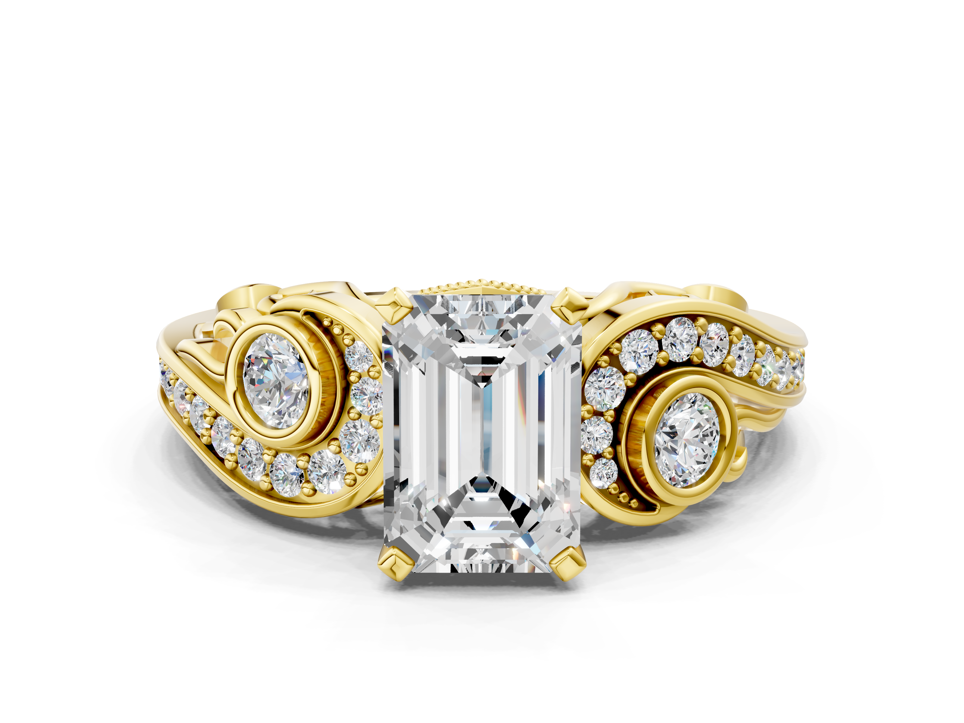 Yellow gold Emerald Solitaire with Milgrain Pave Band and Four-Prong Setting_175