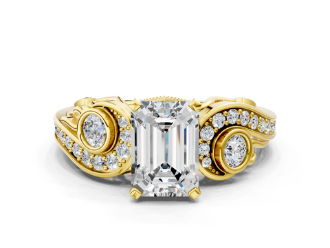 Yellow gold Emerald Solitaire with Milgrain Pave Band and Four-Prong Setting_175