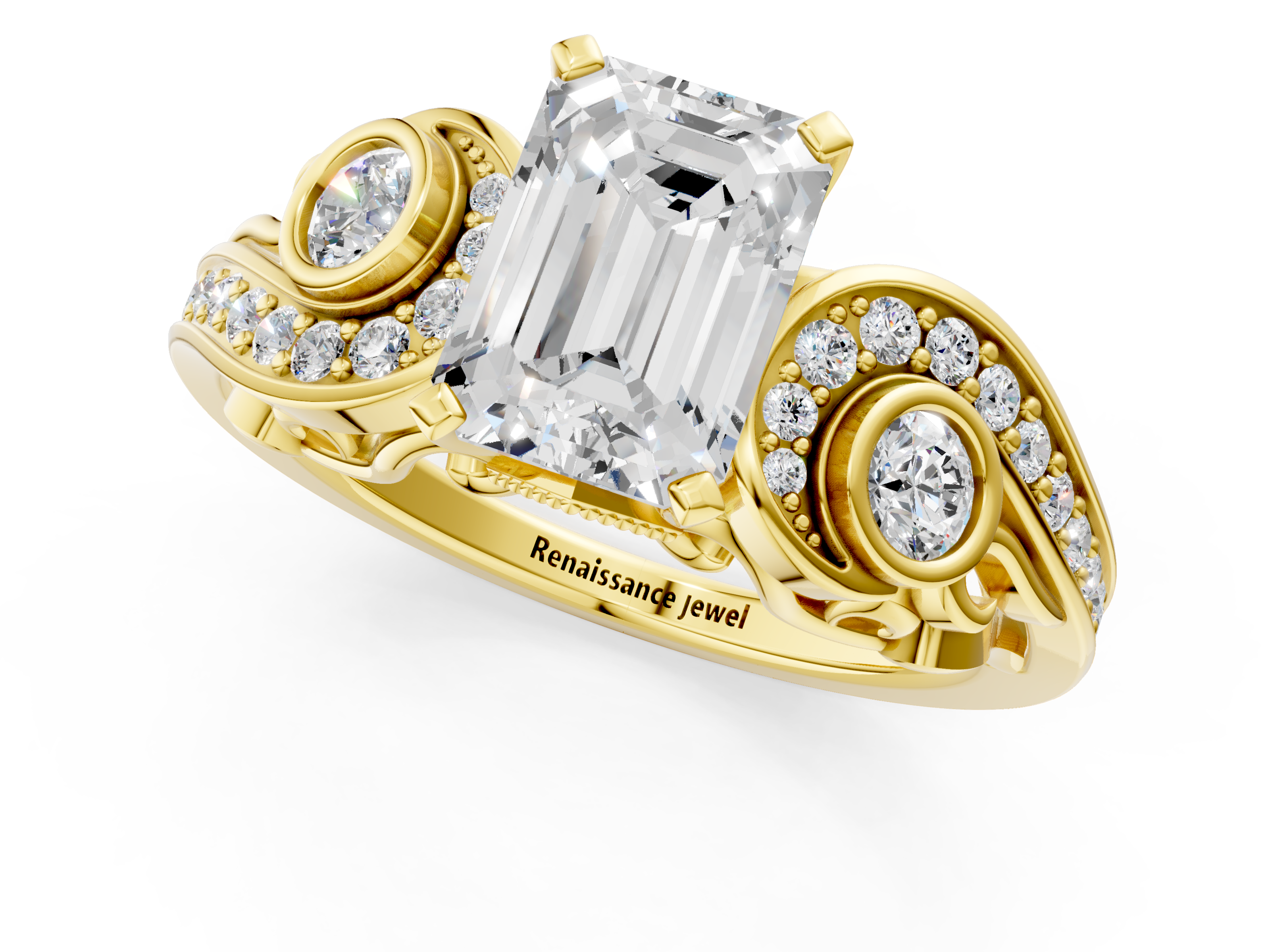 Yellow gold Emerald Solitaire with Milgrain Pave Band and Four-Prong Setting_176