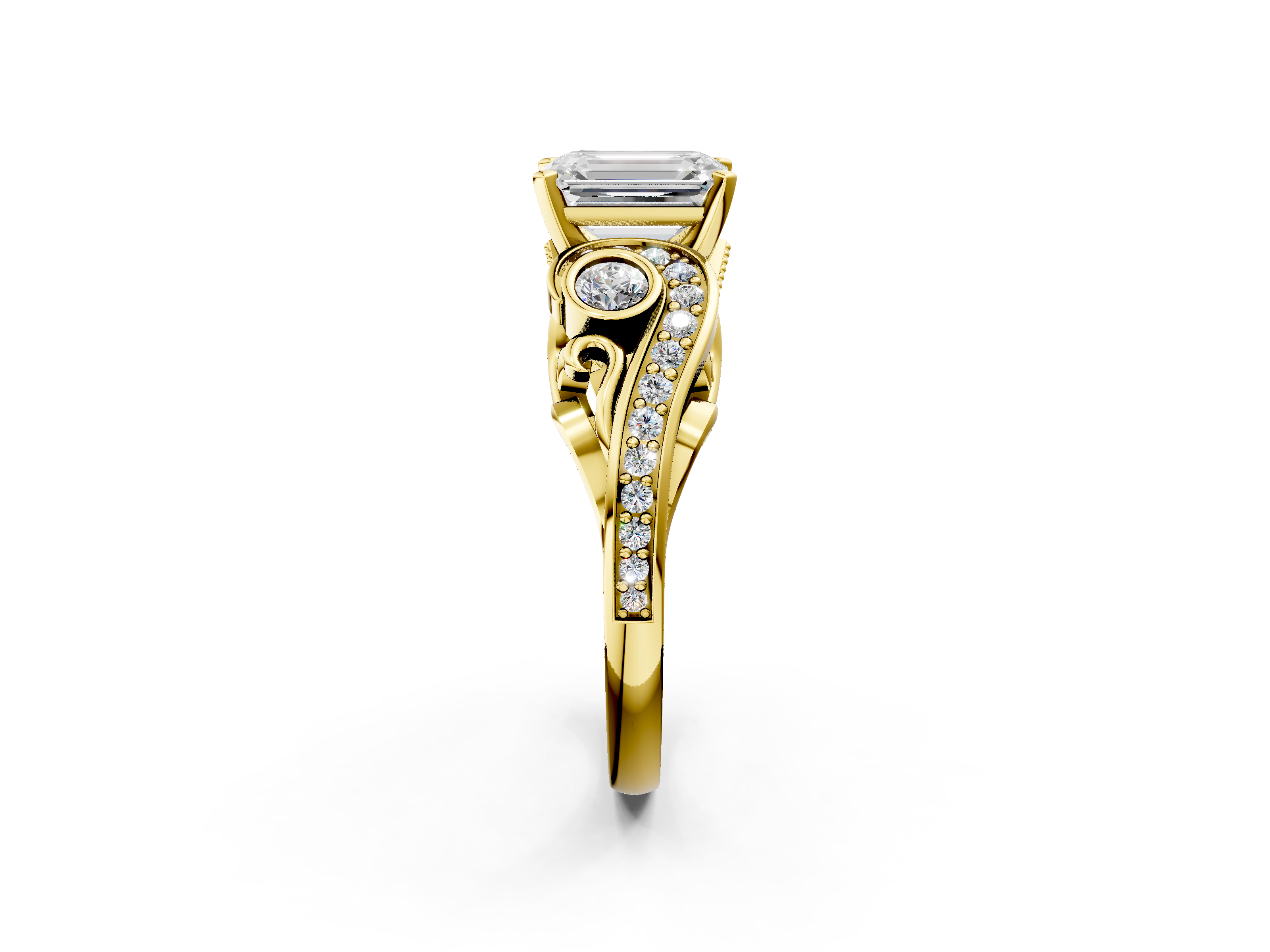 Yellow gold Emerald Solitaire with Milgrain Pave Band and Four-Prong Setting_177