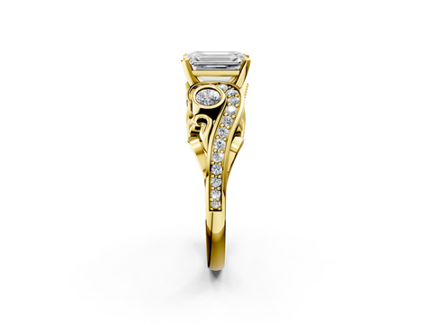 Yellow gold Emerald Solitaire with Milgrain Pave Band and Four-Prong Setting_177