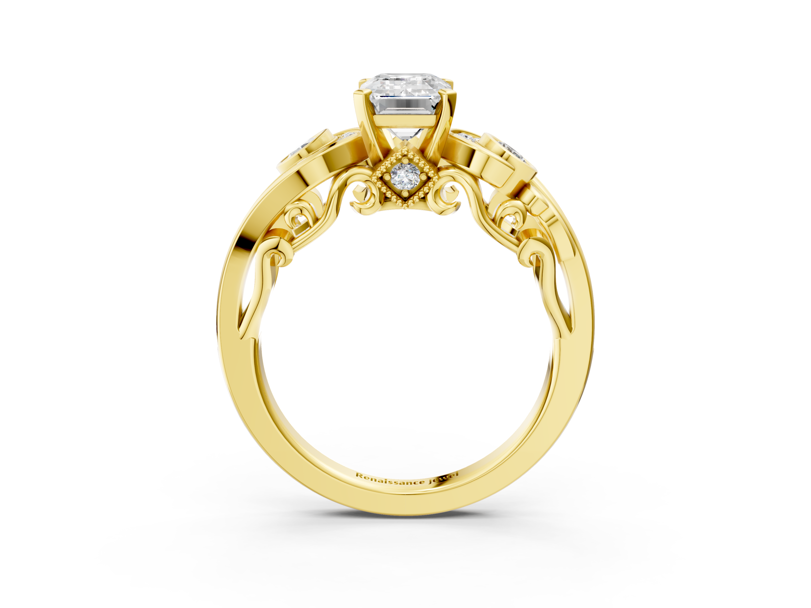 Yellow gold Emerald Solitaire with Milgrain Pave Band and Four-Prong Setting_178