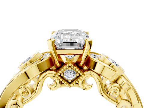 Yellow gold Emerald Solitaire with Milgrain Pave Band and Four-Prong Setting_179