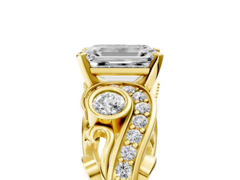 Yellow gold Emerald Solitaire with Milgrain Pave Band and Four-Prong Setting_180