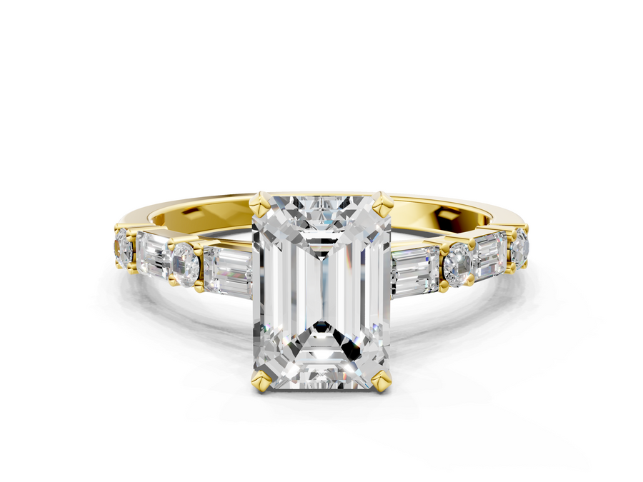 Yellow gold Emerald Cut Diamond Solitaire with Side Baguettes and Channel Set Band