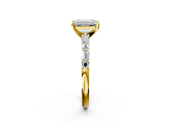 Yellow gold Emerald Cut Diamond Solitaire with Side Baguettes and Channel Set Band