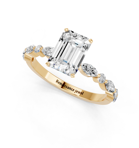 Yellow gold Emerald Solitaire with Side Stones on a Pavé Band and Four-Prong Setting_17