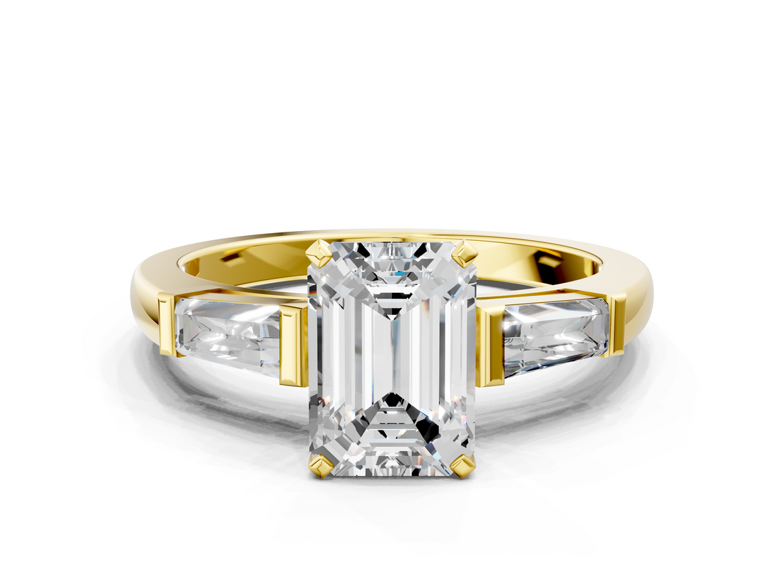 18K Yellow Gold 2.91 Carat D VVS2 Emerald Solitaire with Tapered Baguette Side Stones on a Classic Band with Four-Prong Setting
