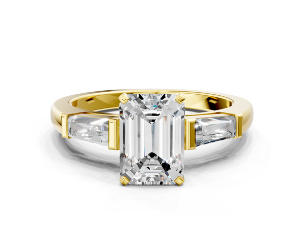 18K Yellow Gold 2.91 Carat D VVS2 Emerald Solitaire with Tapered Baguette Side Stones on a Classic Band with Four-Prong Setting