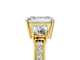 Yellow gold Emerald Three-Stone Diamond Ring with Pavé Band and Four-Prong Setting_11