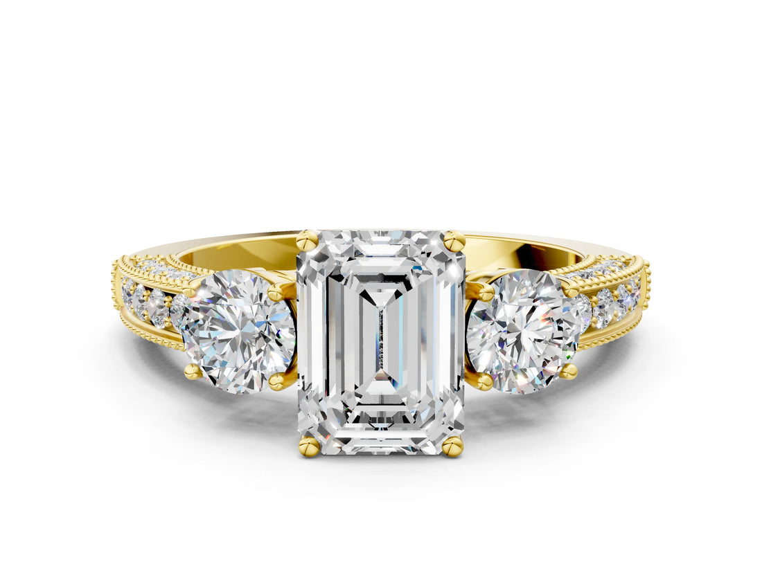 Yellow gold Emerald Three-Stone Diamond Ring with Pavé Band and Four-Prong Setting_6