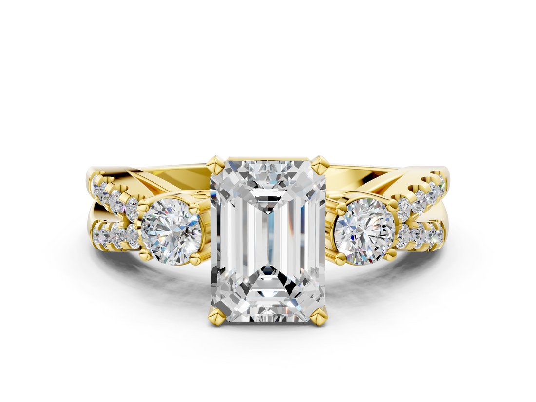 Yellow gold Emerald Three-Stone Diamond Ring with Pavé Split Shank and Four-Prong Setting_104