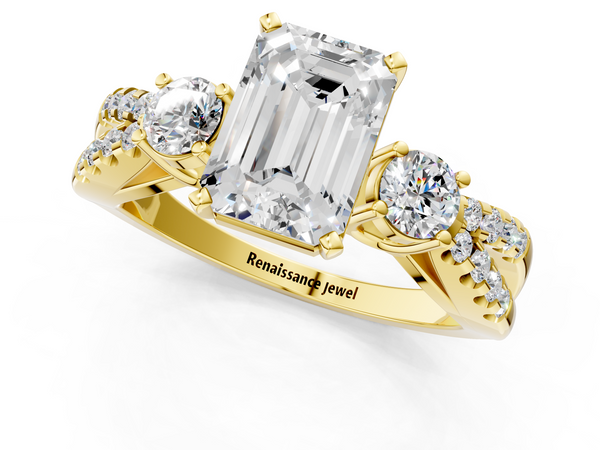 Yellow gold Emerald Cut Diamond Three-Stone Ring with Pavé Split Shank and Four-Prong Setting