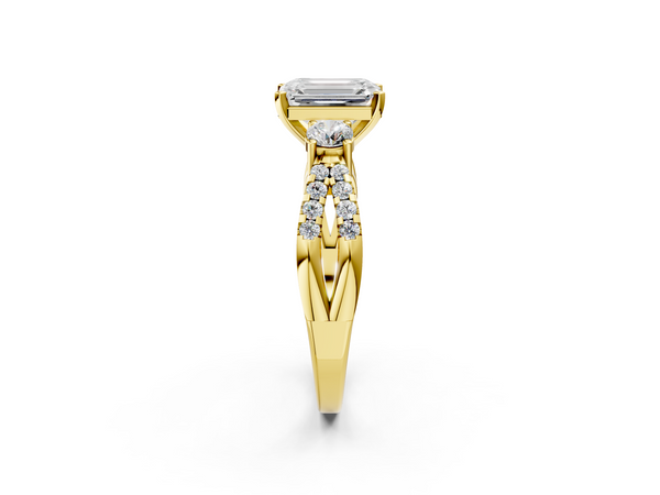 Yellow gold Emerald Cut Diamond Three-Stone Ring with Pavé Split Shank and Four-Prong Setting