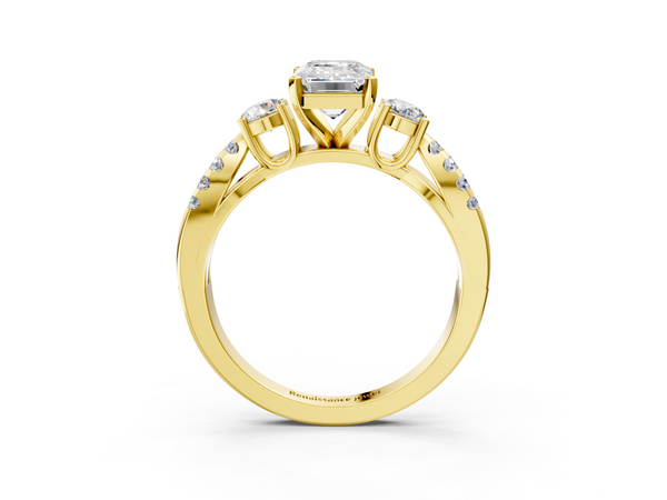 Yellow gold Emerald Cut Diamond Three-Stone Ring with Pavé Split Shank and Four-Prong Setting