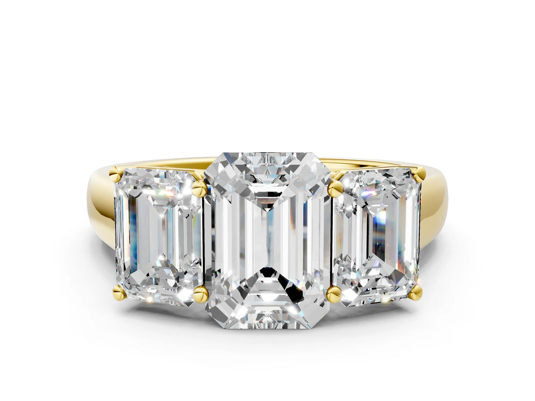 Yellow gold Emerald Three-Stone Diamond Ring with Prong Setting on a Classic Band_15