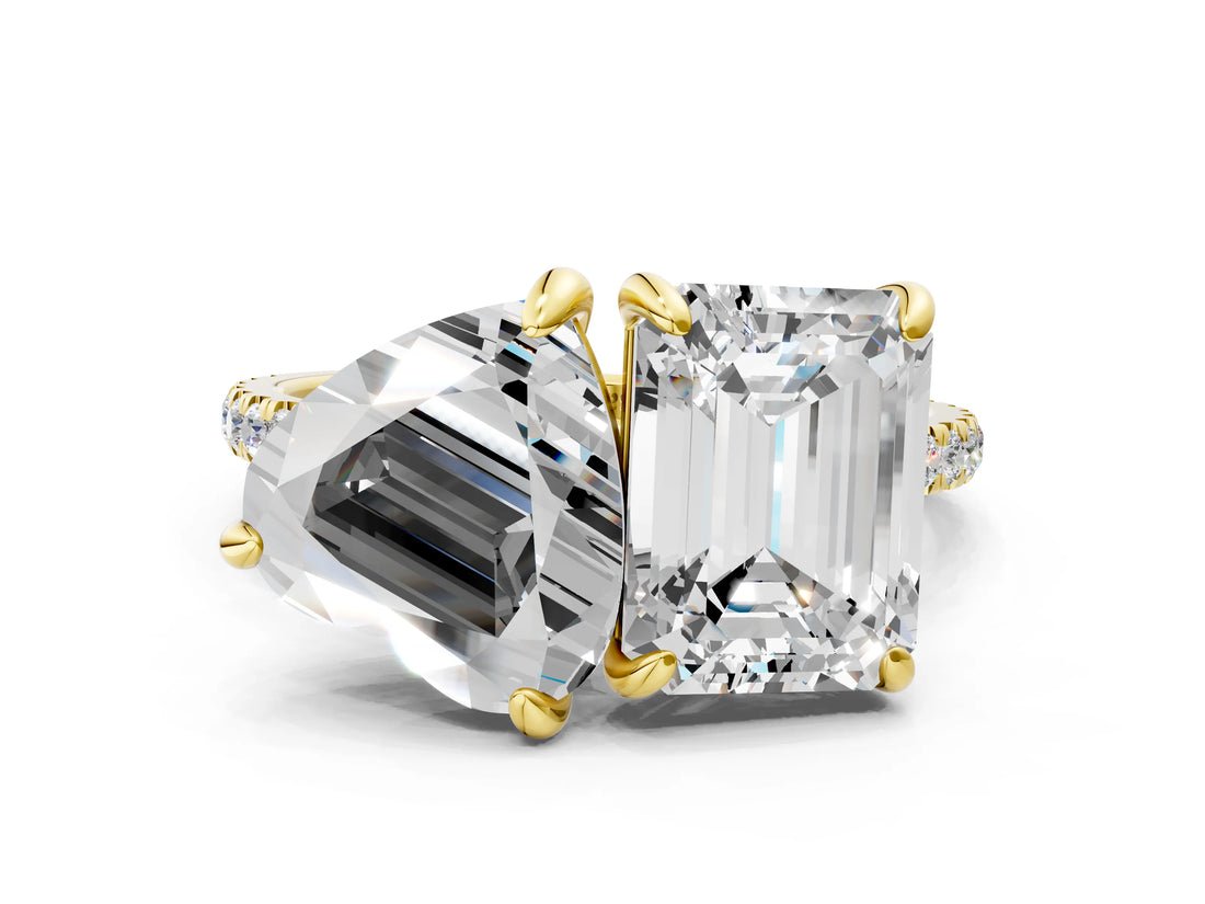 Yellow gold Emerald and Heart Toi Moi Ring with Prong Setting and Micro Pave Band
