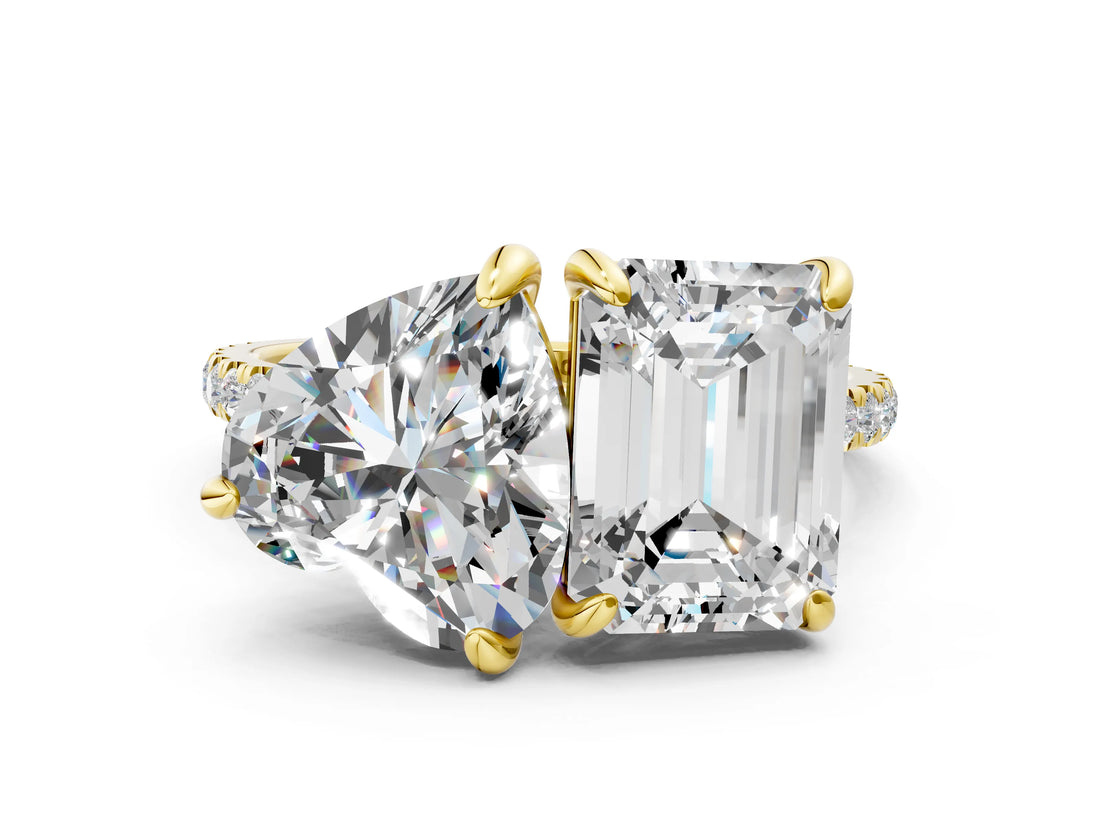 Yellow gold Emerald and Heart Toi Moi Ring with Prong Setting and Pave Band