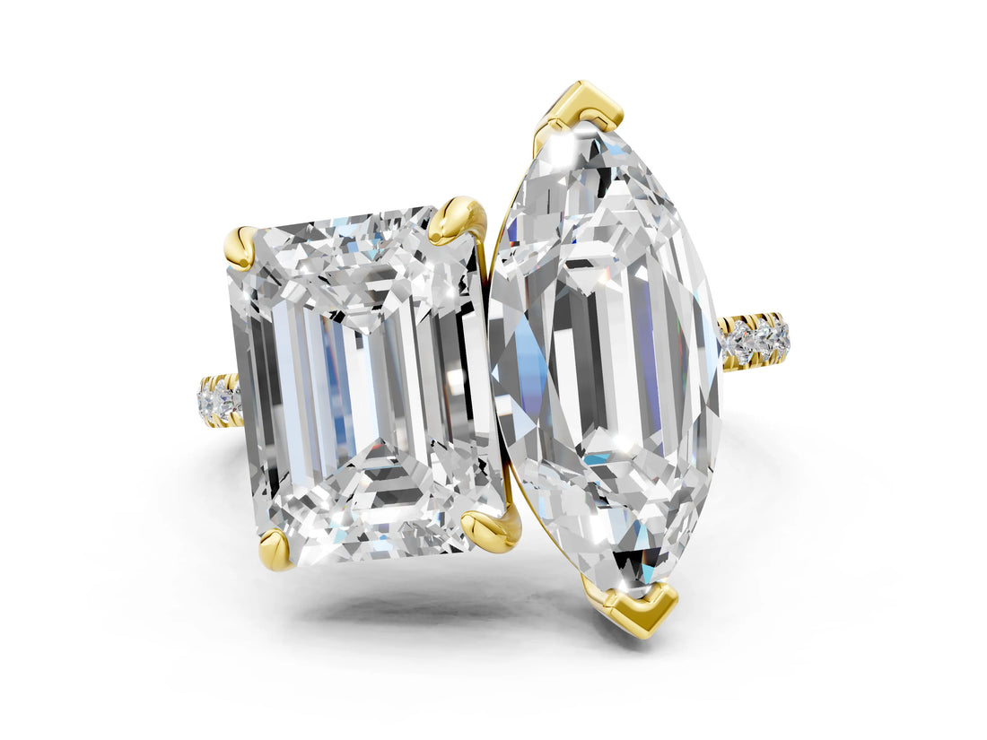 Yellow gold Emerald and Marquise Toi Moi Ring with Prong Setting and Micro Pave Band