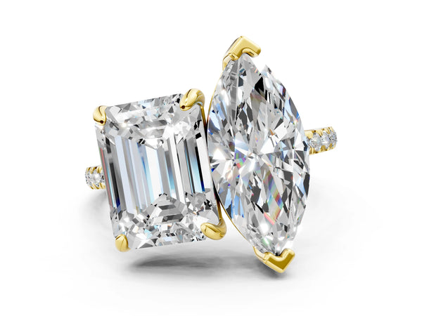Yellow gold Emerald and Marquise Toi Moi Ring with Prong Setting and Pave Band