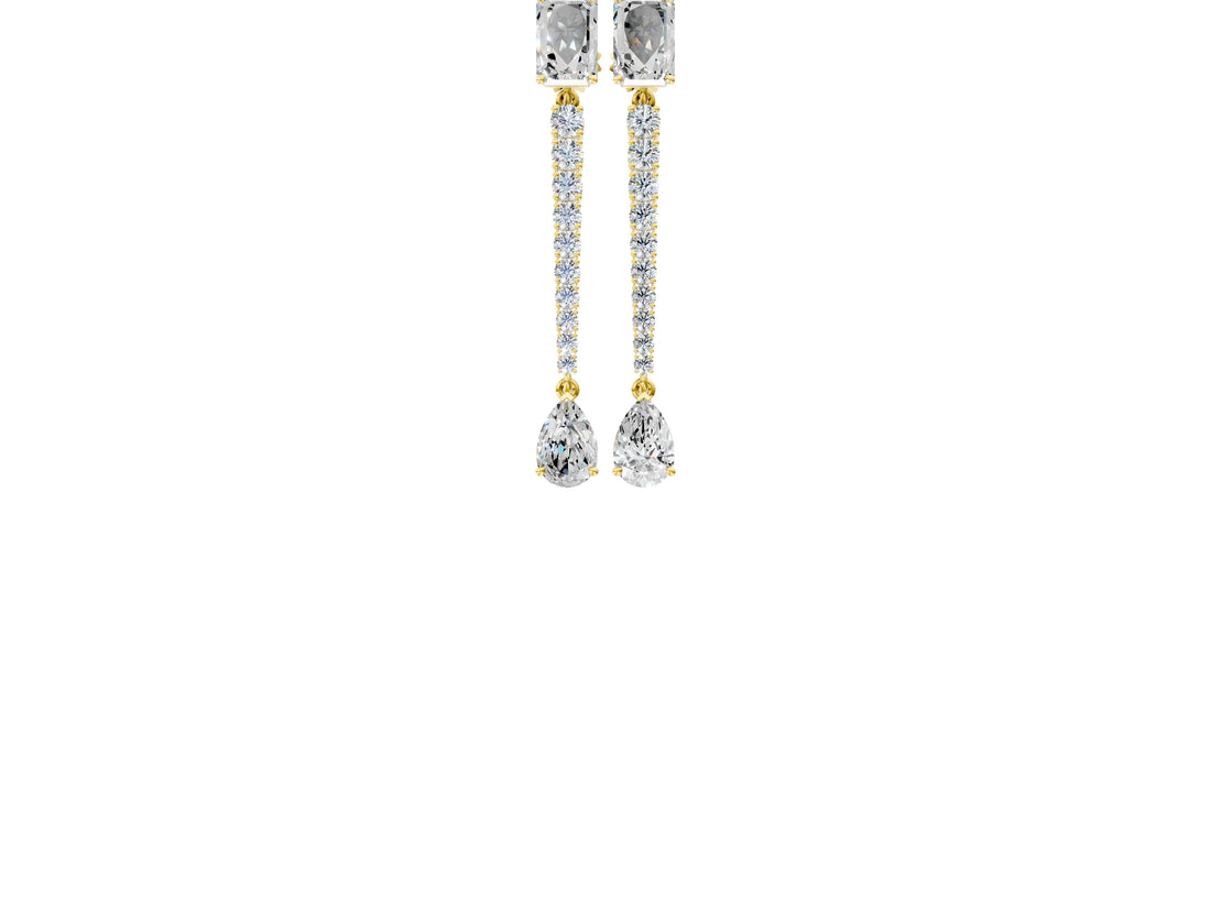 Yellow gold Emerald and Pear Diamond Linear Earrings with Round Lab Grown Diamond Accents_16