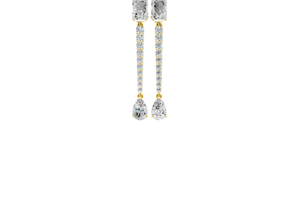 Yellow gold Emerald and Pear Diamond Linear Earrings with Round Lab Grown Diamond Accents