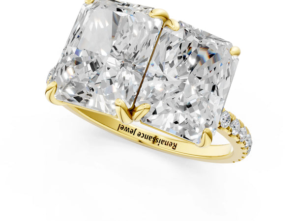 Yellow gold Emerald and Radiant Toi Moi Ring with Prong Setting and Pave Band