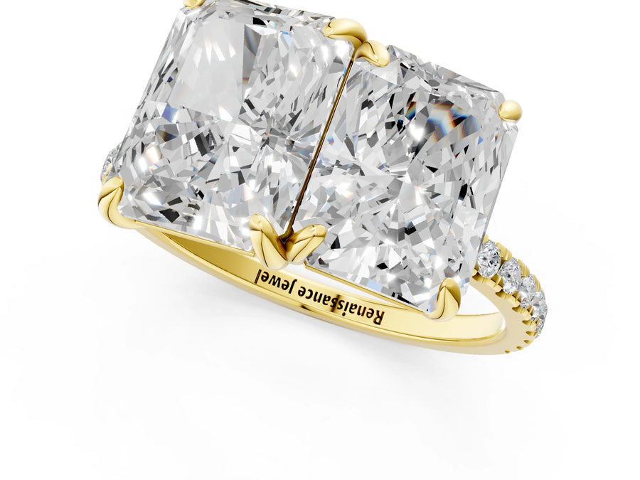 Yellow gold Emerald and Radiant Toi Moi Ring with Prong Setting and Pave Band