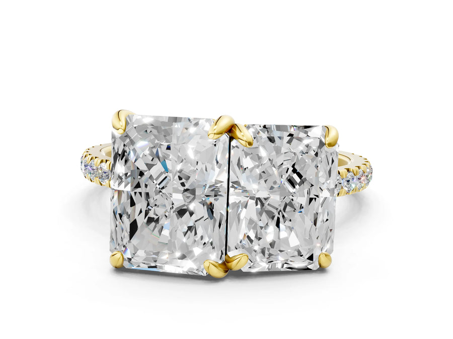 Yellow gold Emerald and Radiant Toi Moi Ring with Prong Setting and Pave Band