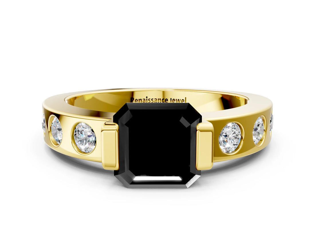 Yellow gold Fancy Black Asscher Cut Brilliant Channel-Set Diamond Ring with Bezel Prong Setting