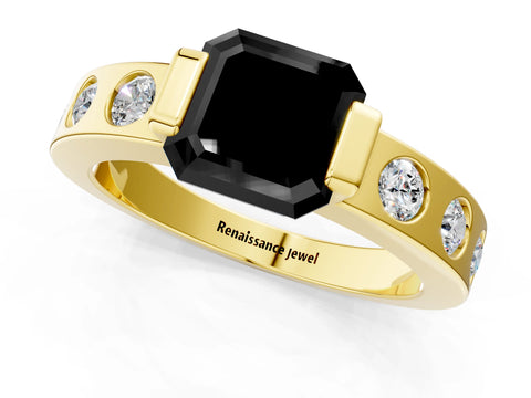 Yellow gold Fancy Black Asscher Cut Brilliant Channel-Set Diamond Ring with Bezel Prong Setting_1