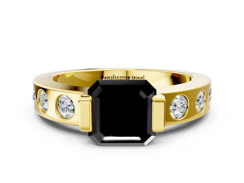 Yellow gold Fancy Black Asscher Cut Brilliant Channel-Set Diamond Ring with Bezel Prong Setting