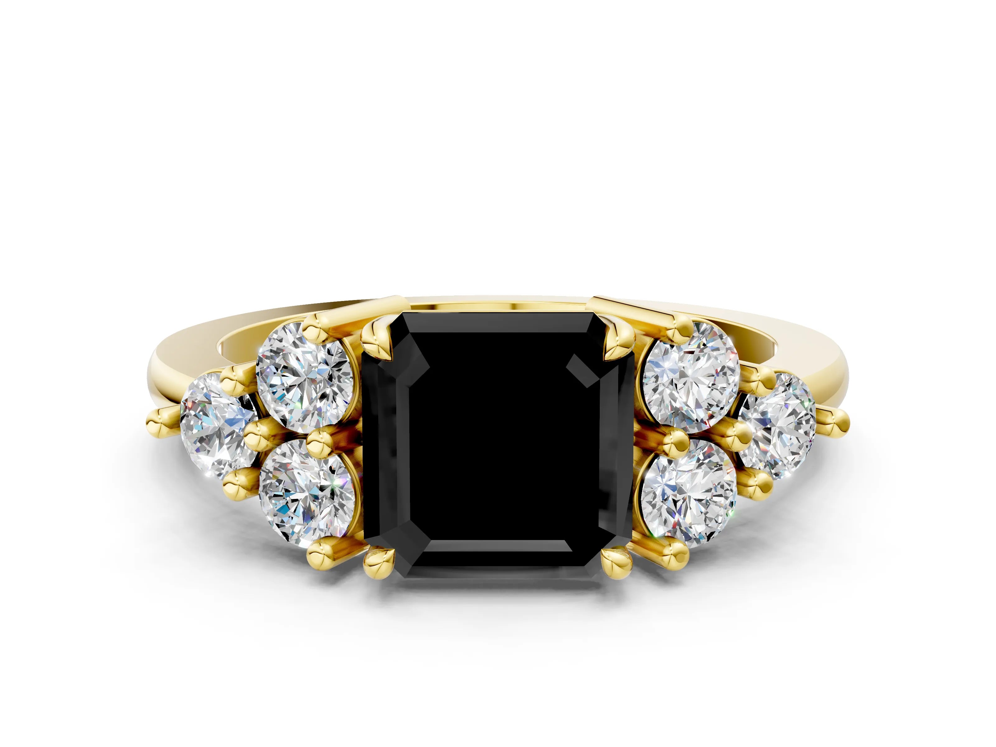 Yellow gold Fancy Black Asscher Cut Brilliant Diamond Cluster Accent Solitaire Ring with Prong Setting