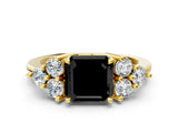 Yellow gold Fancy Black Asscher Cut Brilliant Diamond Cluster Accent Solitaire Ring with Prong Setting