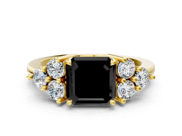 Yellow Gold Asscher Cut Cluster Side Stone Engagement Ring Setting for Black Center with Plain Band