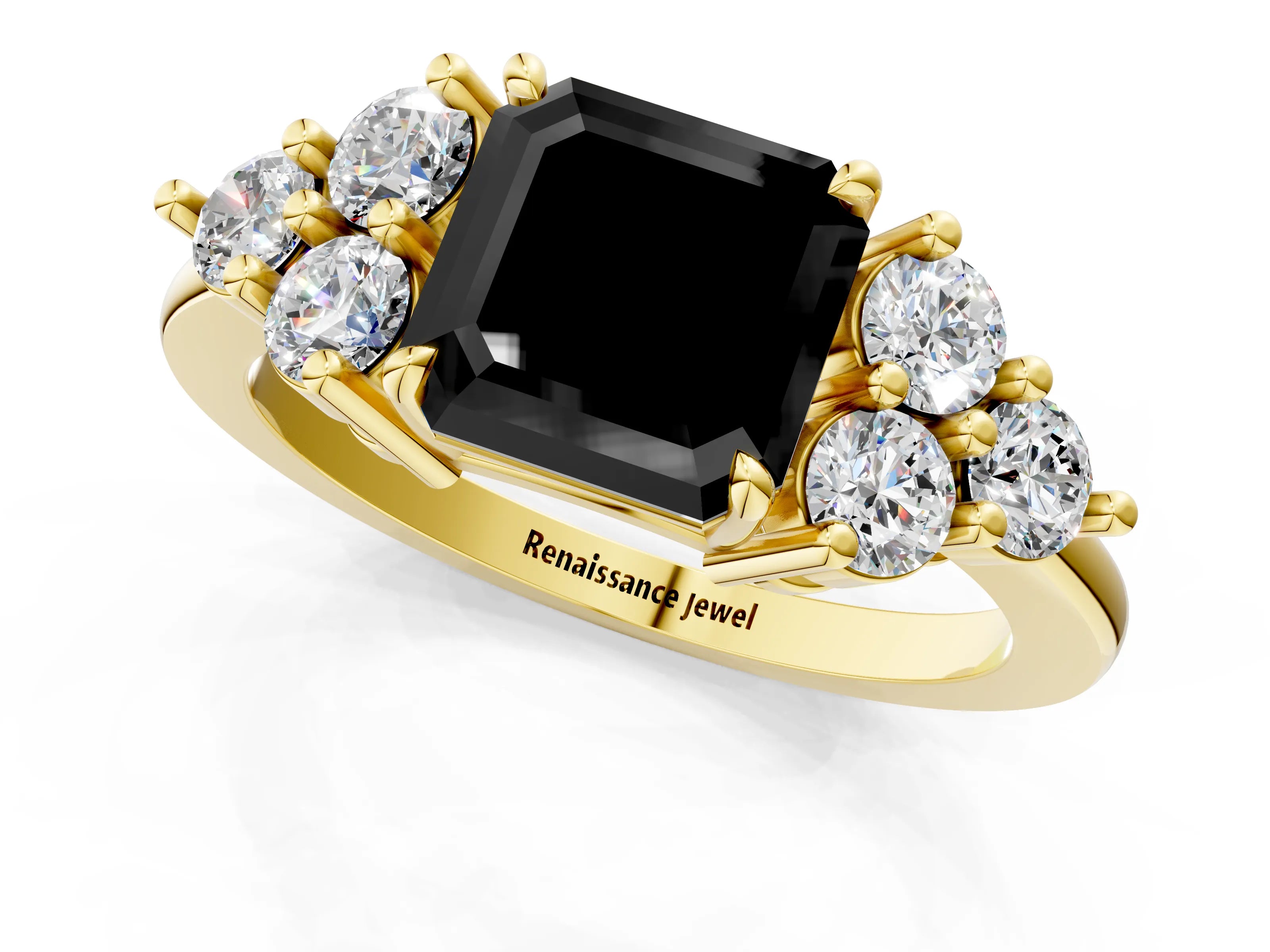 Yellow gold Fancy Black Asscher Cut Brilliant Diamond Cluster Accent Solitaire Ring with Prong Setting_1