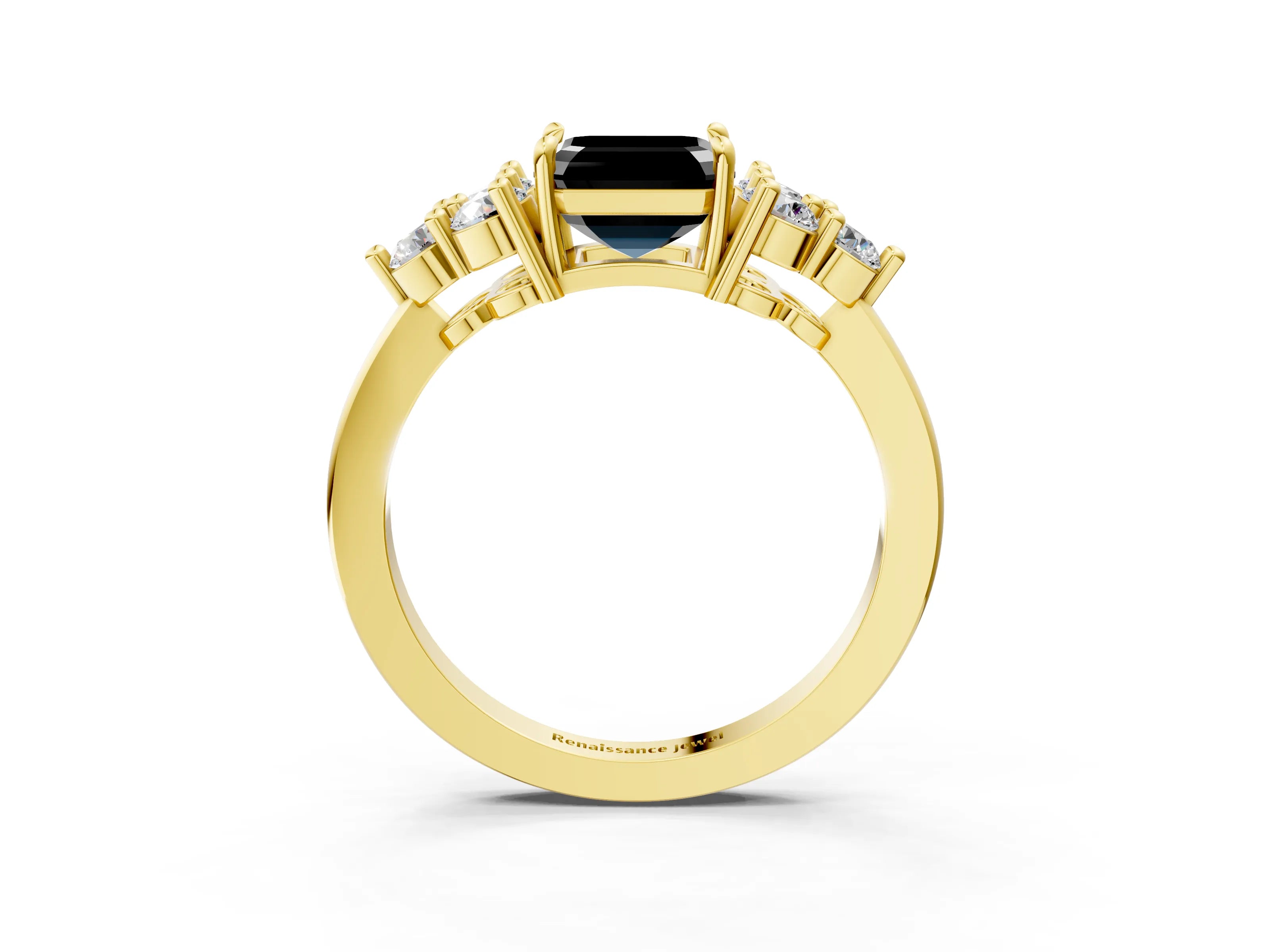 Yellow gold Fancy Black Asscher Cut Brilliant Diamond Cluster Accent Solitaire Ring with Prong Setting_3