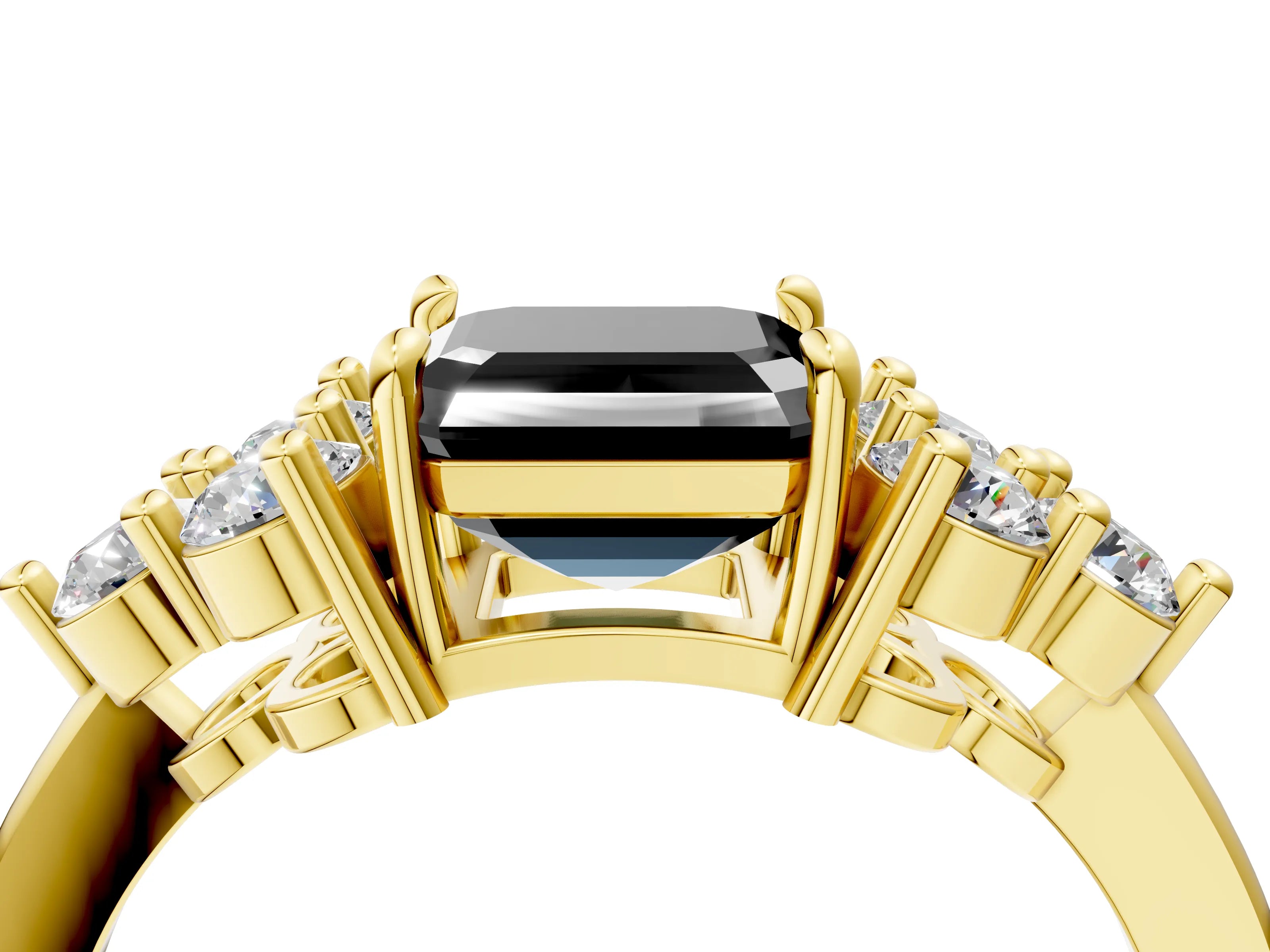 Yellow gold Fancy Black Asscher Cut Brilliant Diamond Cluster Accent Solitaire Ring with Prong Setting_4