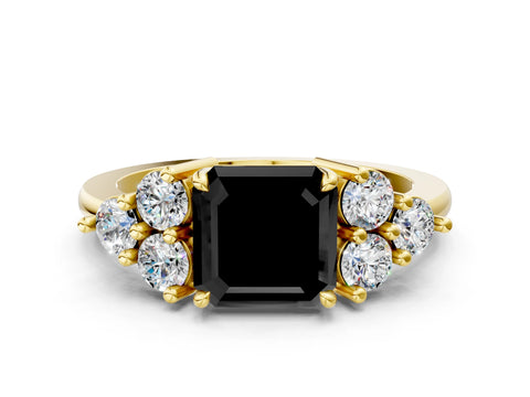 Yellow gold Fancy Black Asscher Cut Brilliant Diamond Cluster Accent Solitaire Ring with Prong Setting
