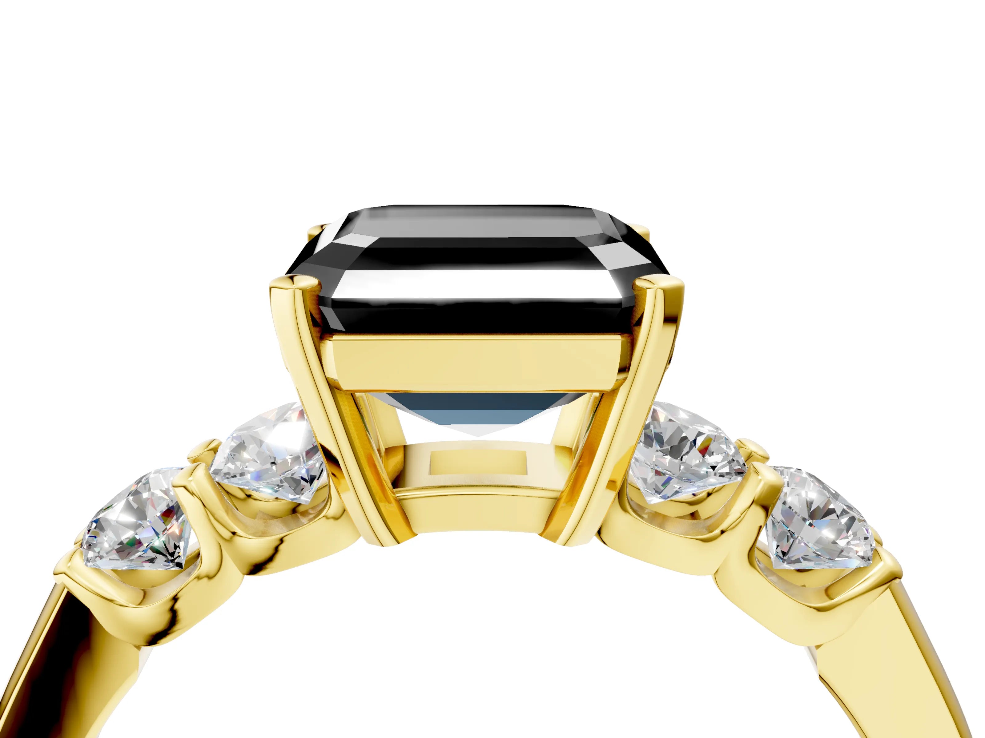 Yellow gold Fancy Black Asscher Cut Brilliant Diamond Five-Stone Engagement Ring with Prong Setting on a Classic Band_7
